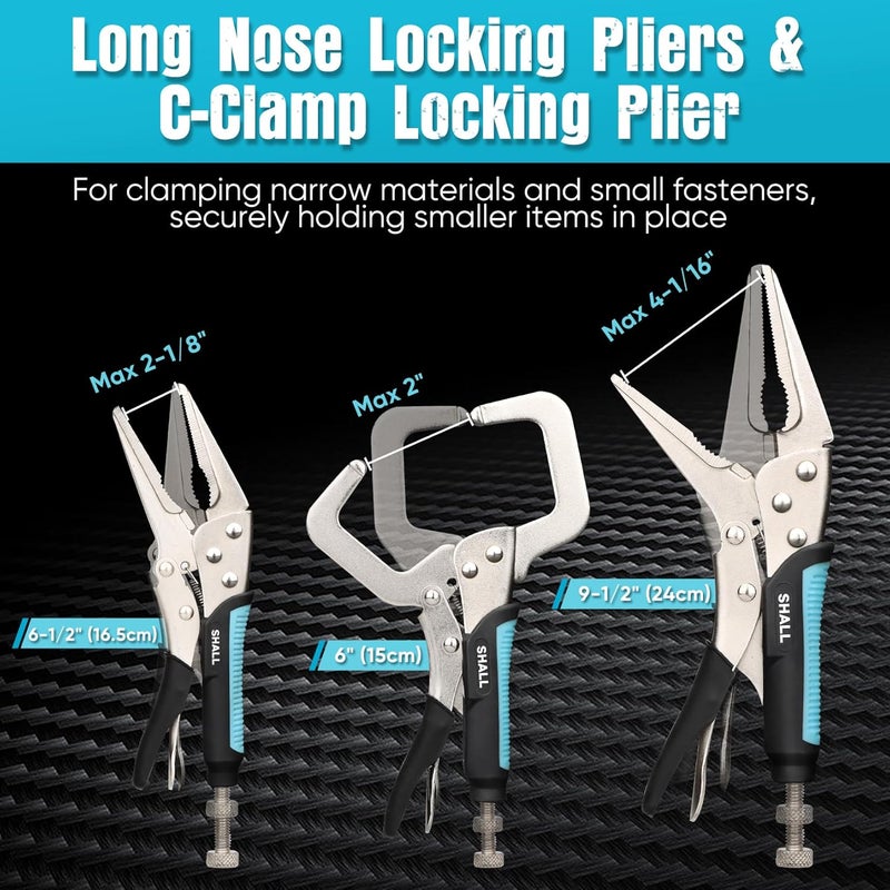 SHALL 6-Piece Locking Pliers, Vice Grips Pliers Set, 5",7" & 10" Curved Jaw Locking Pliers, 6-1/2" & 9-1/2 Long Nose Locking Pliers, 6" Locking C-Clamp, Two-Color TPR Handle, Roll Up Pouch Included - Image 4